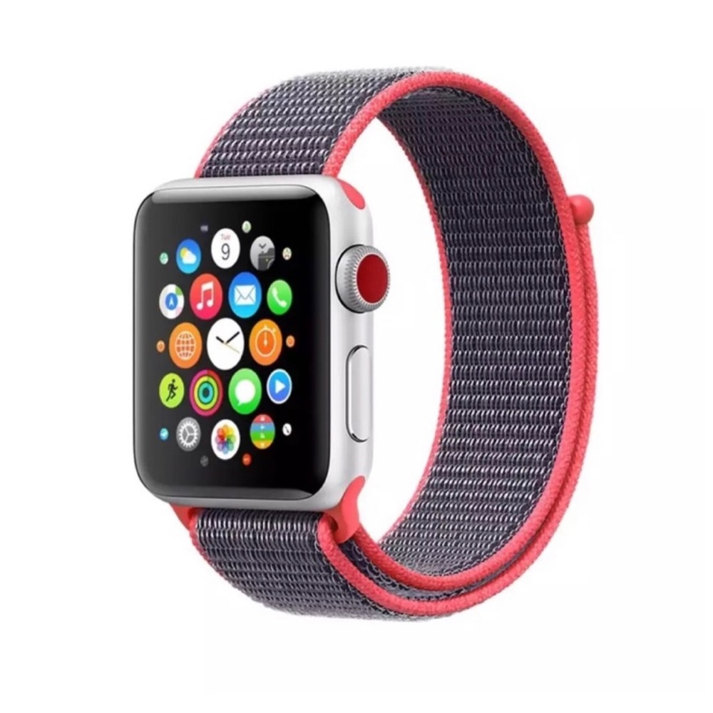 Electric Pink Nylon Apple Watch Band With Velcro Closure.